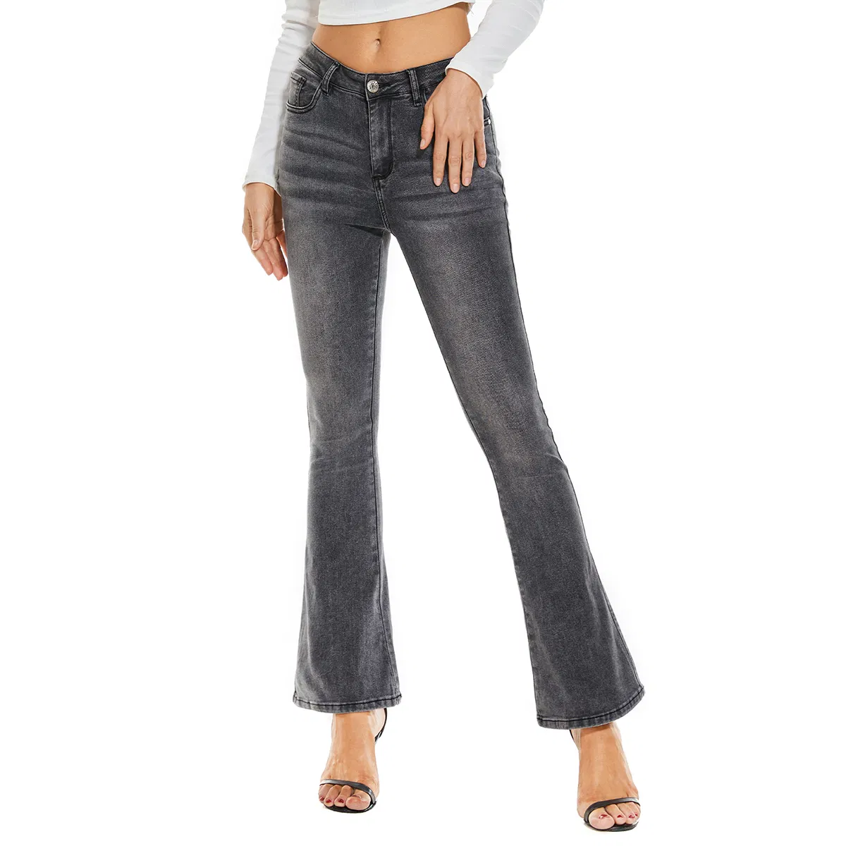 Calças de jeans de cintura alta em bell bottom com lavagem cinza personalizada e stretch para mulheres