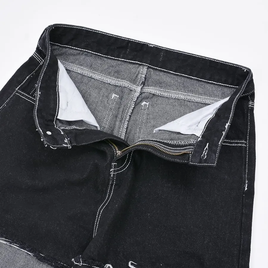 Calças jeans skinny de denim preto em patchwork listrado com acetato para homens