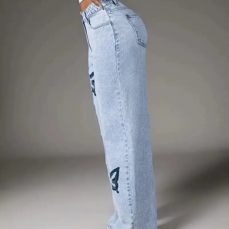 Jeans flare femininos personalizados de alta qualidade com bordado, confortáveis e de denim respirável