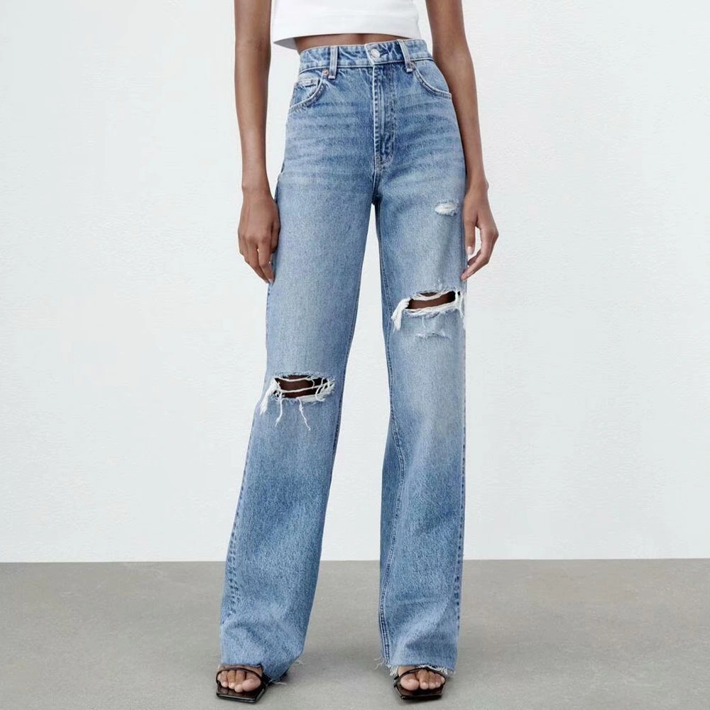 Personalize Calças de Denim Soltas para Mulheres da Nova Moda, Cintura Alta, Lavadas, Rasgadas em Algodão Y2K Jeans