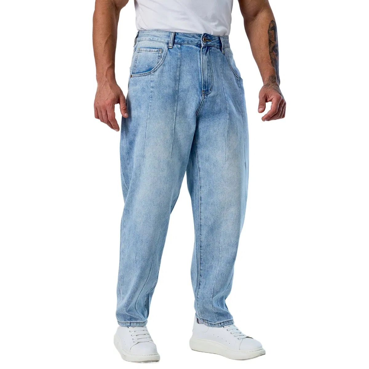 Calças baggy plissadas azul brilhante personalizadas para homens, jeans reto por atacado