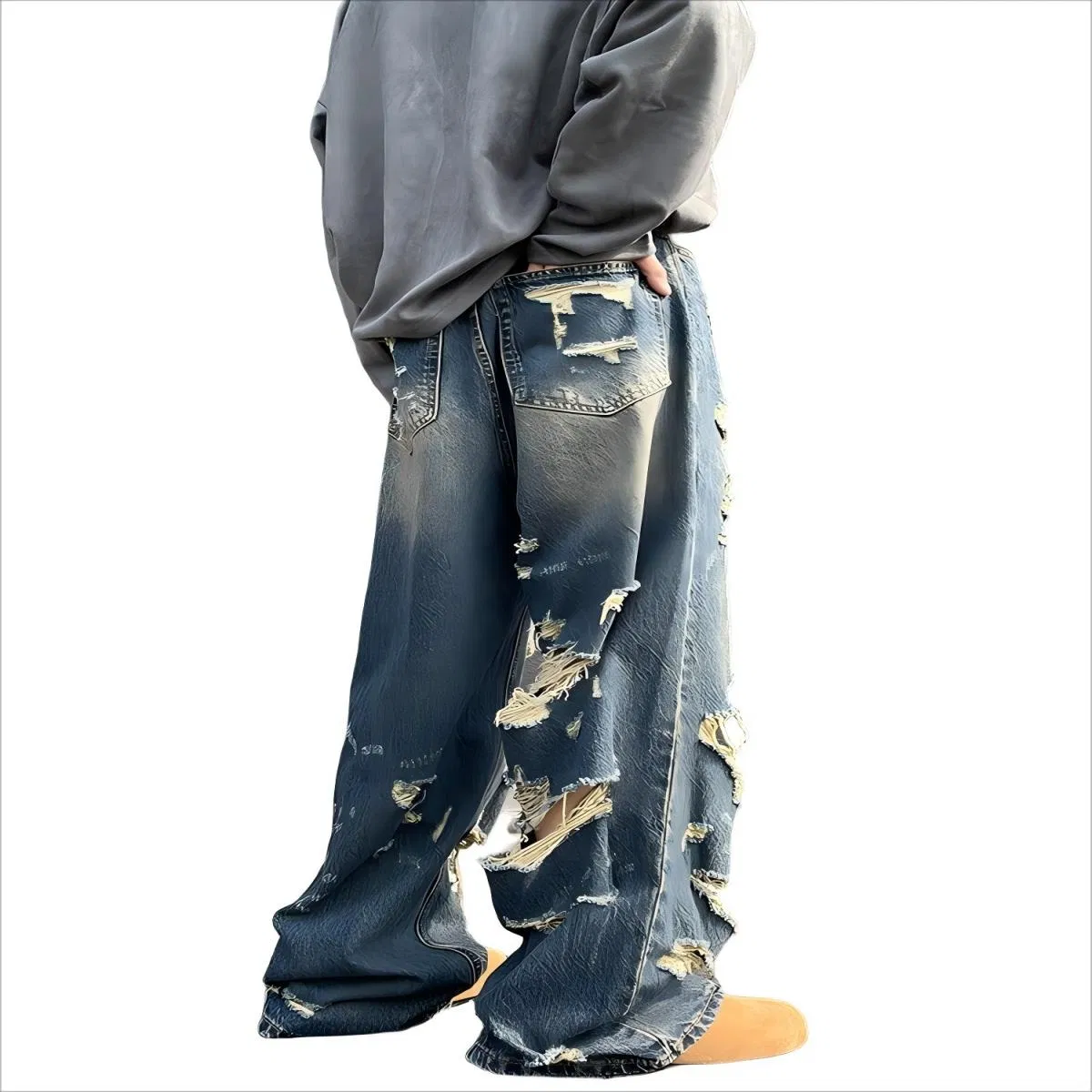 Calças Casuais de Corte Reto Largas com Design de Rua, Jeans Desgastados com Furos Negados