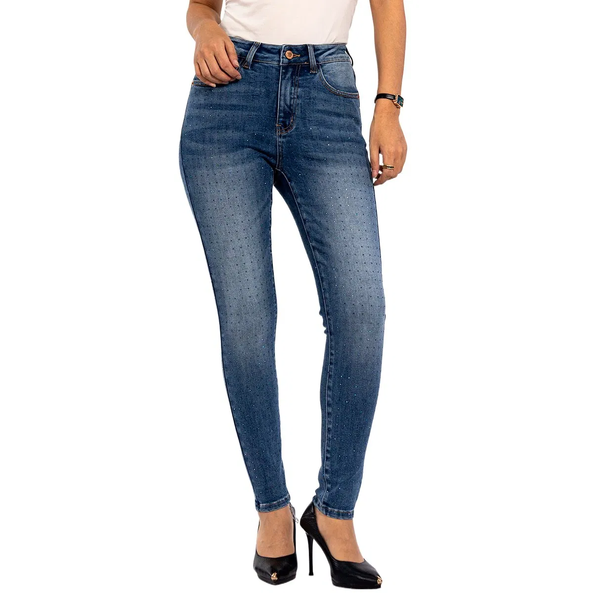 Calças de Denim Casuais Azul Marinho com Lantejoulas Skinny de Cintura Alta para Mulheres Trendy