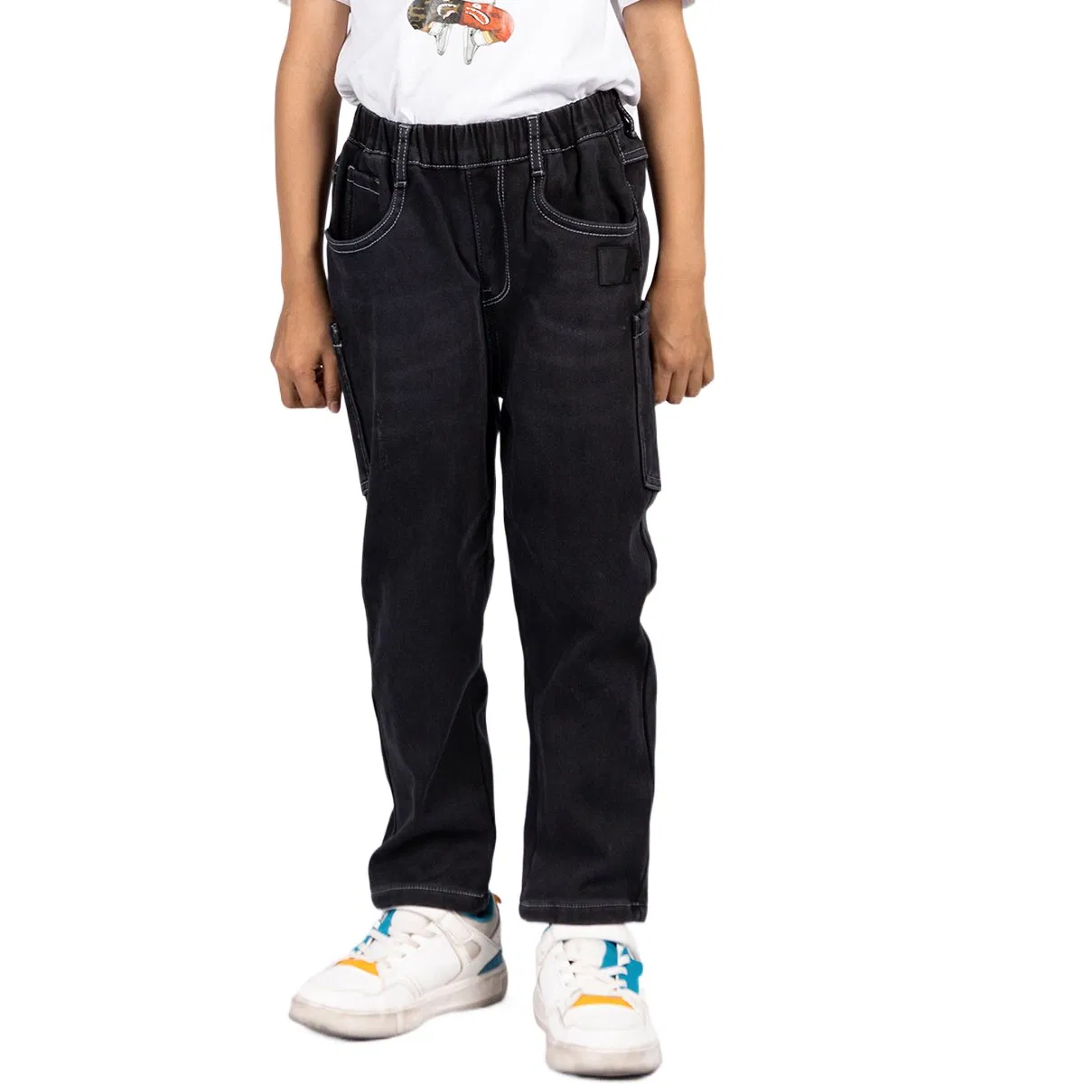 Calças de menino em denim com design retro preto personalizado, laváveis, elásticas e com múltiplos bolsos