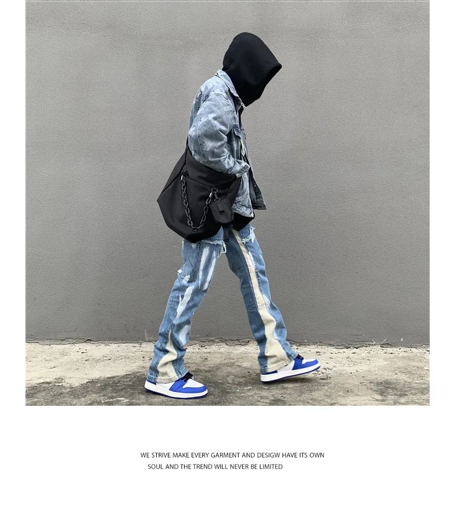 Calça Jeans Masculina Micro Flare com Pintura Desgastada à Mão e Costura, Estilo Personalidade, Corte Reto e Solto em Denim