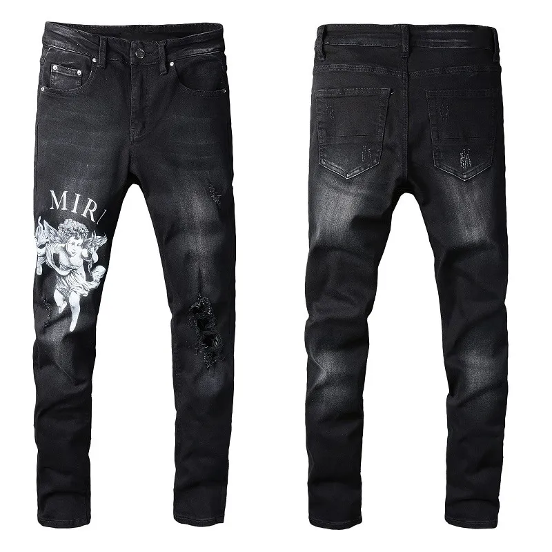 Calças Jeans Slim Elásticas de Couro com Bordado da Marca Trendy Am High Street, Calças Vintage Lavadas, Estilo Hip Hop