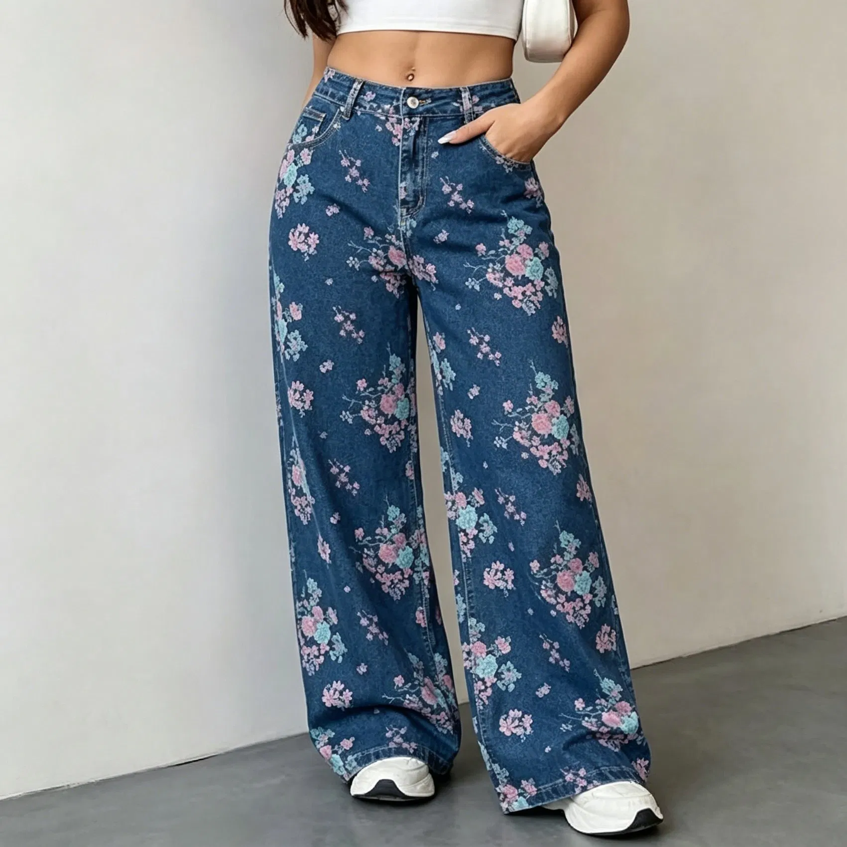 Calças de Jeans de Cintura Alta com Estampa Floral, Largura Larga, Soltas e Elegantes, Comprimento até o Chão, Jeans de Denim