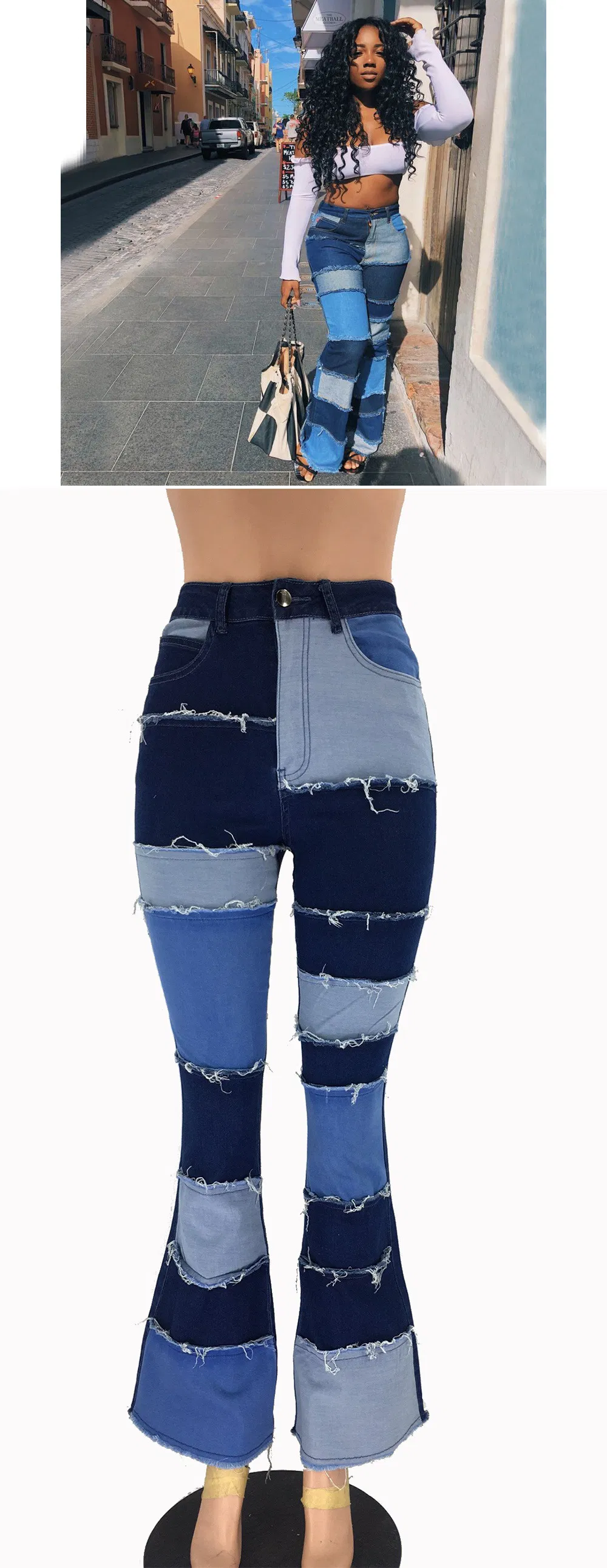 Calças Flare Skinny de Cintura Alta em Patchwork Contrastante
