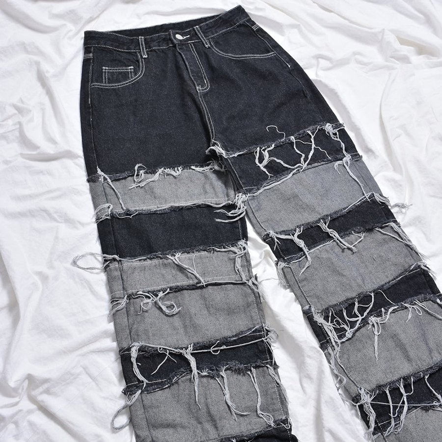 Calças jeans skinny de denim preto em patchwork listrado com acetato para homens