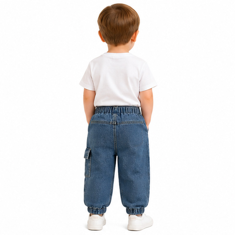 Calças Cargo para Crianças Jeans Largas com Cintura Elástica em Algodão Denim