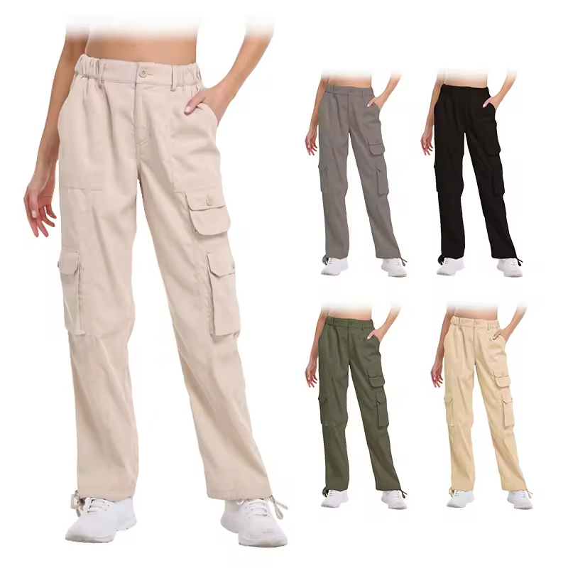 Novo Design de Calças Casuais de Trabalho Femininas de Cintura Alta, Largas e com Múltiplos Bolsos