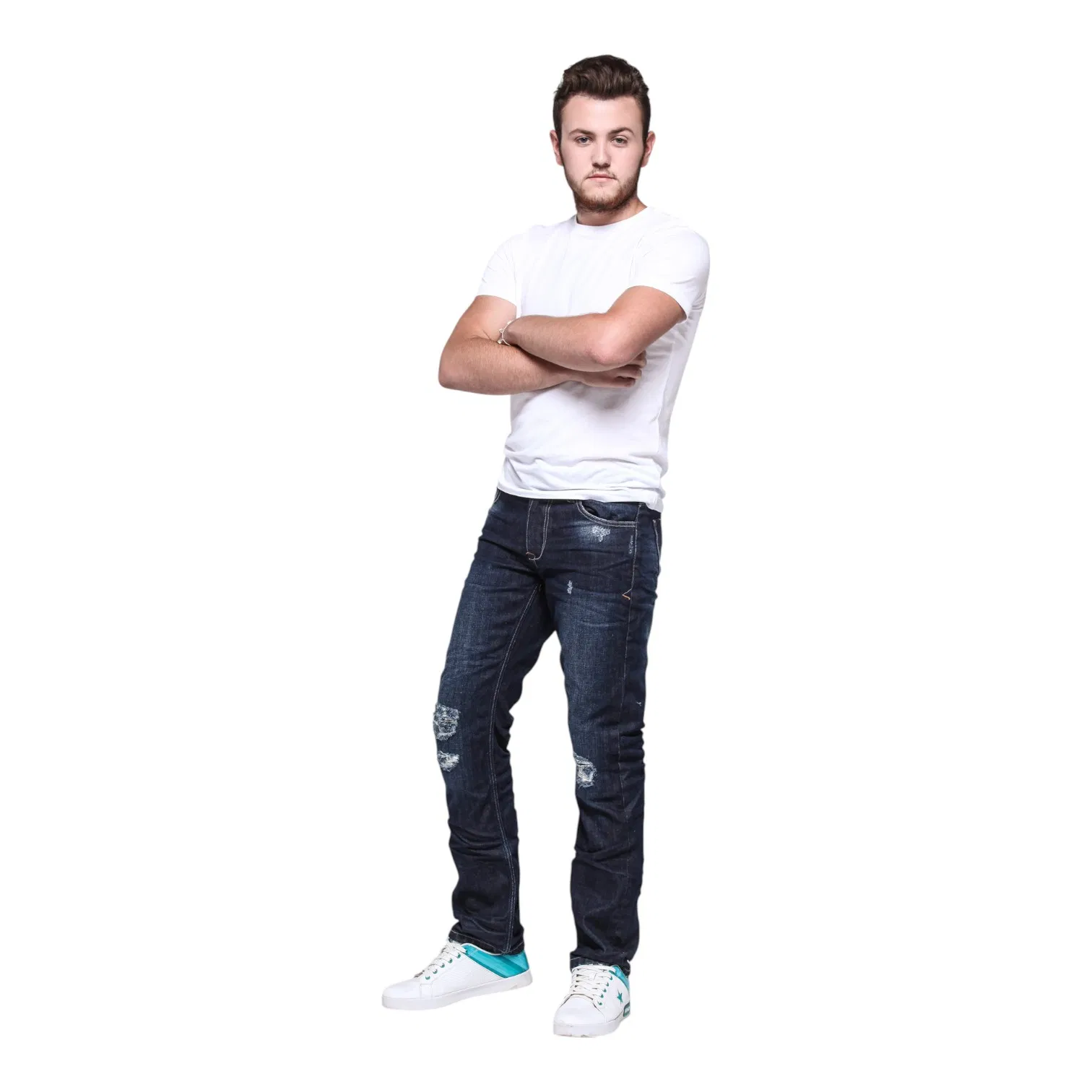 Jeans Mtm com Design Azul Médio Lavado Vintage e Costura em Contraste para um Apelo Atemporal