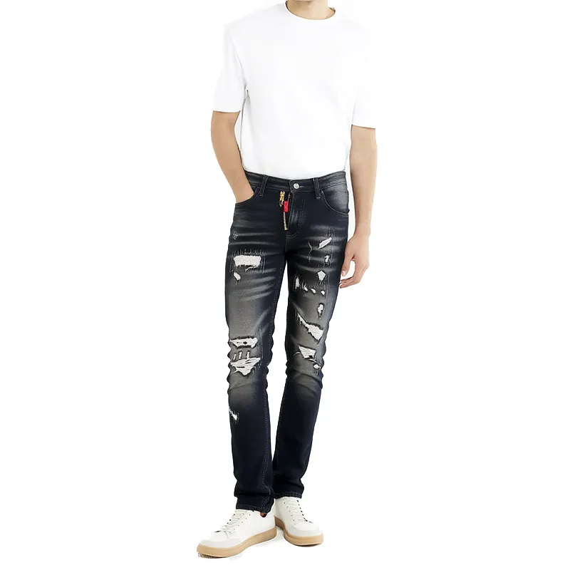 Calças Jeans Pretas Ripped Premium Personalizadas com Zíper Dourado Decorativo Corte Reto
