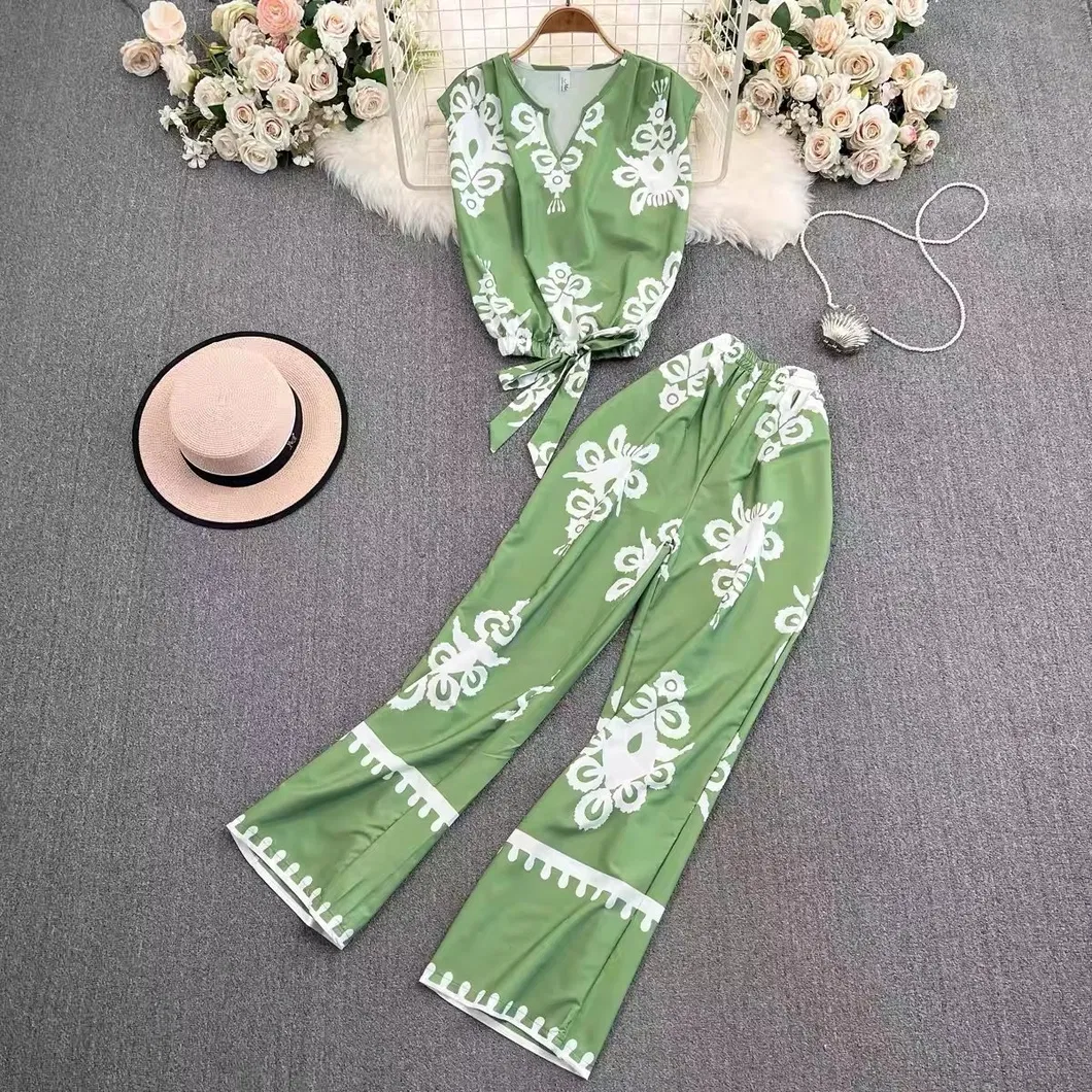 Roupas esportivas casuais femininas com padrão de renda, calças de cintura alta e perna larga