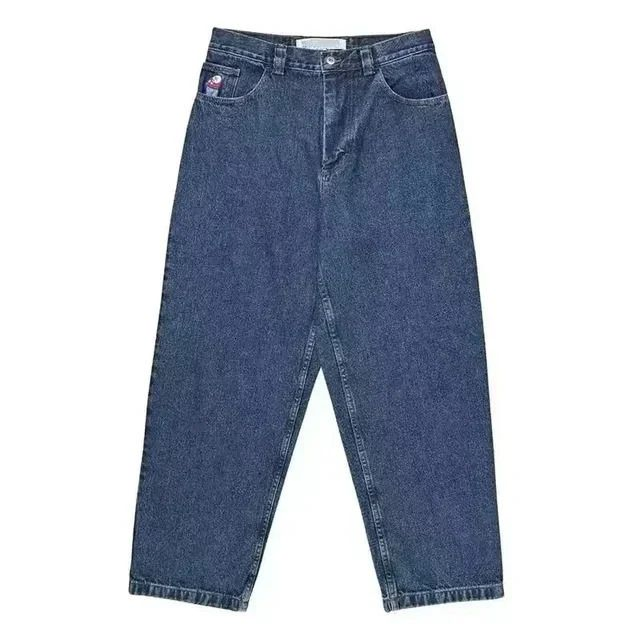 Calças Baggy Polar Big Boy Y2K com Bordado de Cartoon Hip Hop Japonês Harajuku - Calças Baggy Azuis Retrô para Homens e Mulheres com Pernas Largas