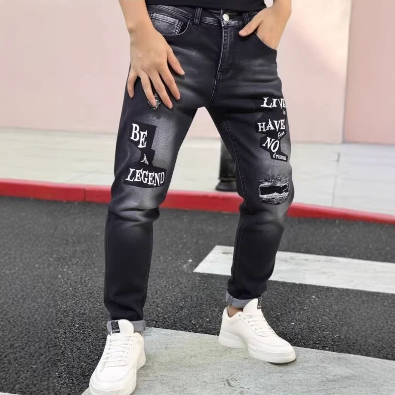 Jeans Casuais Masculinos Estilo Desgastado com Letra Única