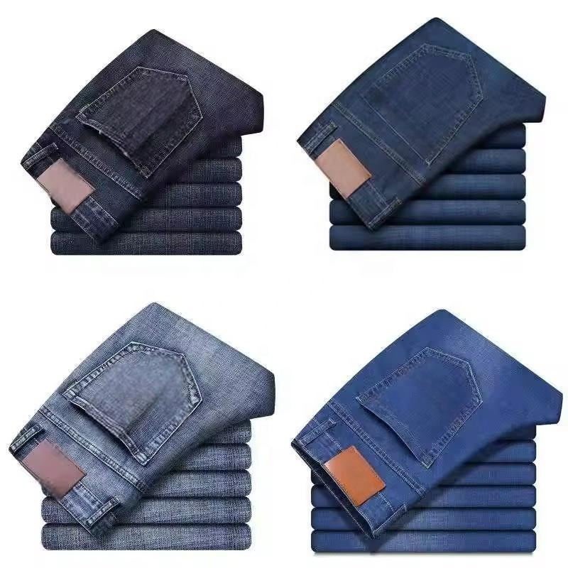 Calças Jeans Masculinas Slimming de Tecido Denim Stretch com Corte Reto e Estilo Casual de Negócios Desgastadas