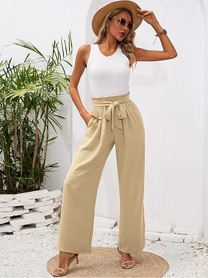 Calças de Algodão Soltas de Cintura Alta para Mulheres, Perna Larga, Estilo Fashionável