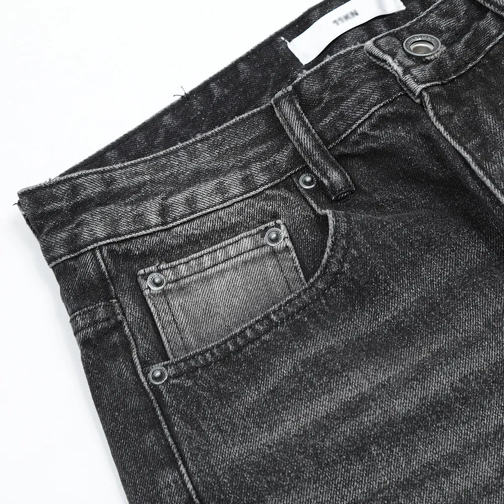 Calça casual masculina preta de algodão solta e larga, calça jeans denim original de fábrica