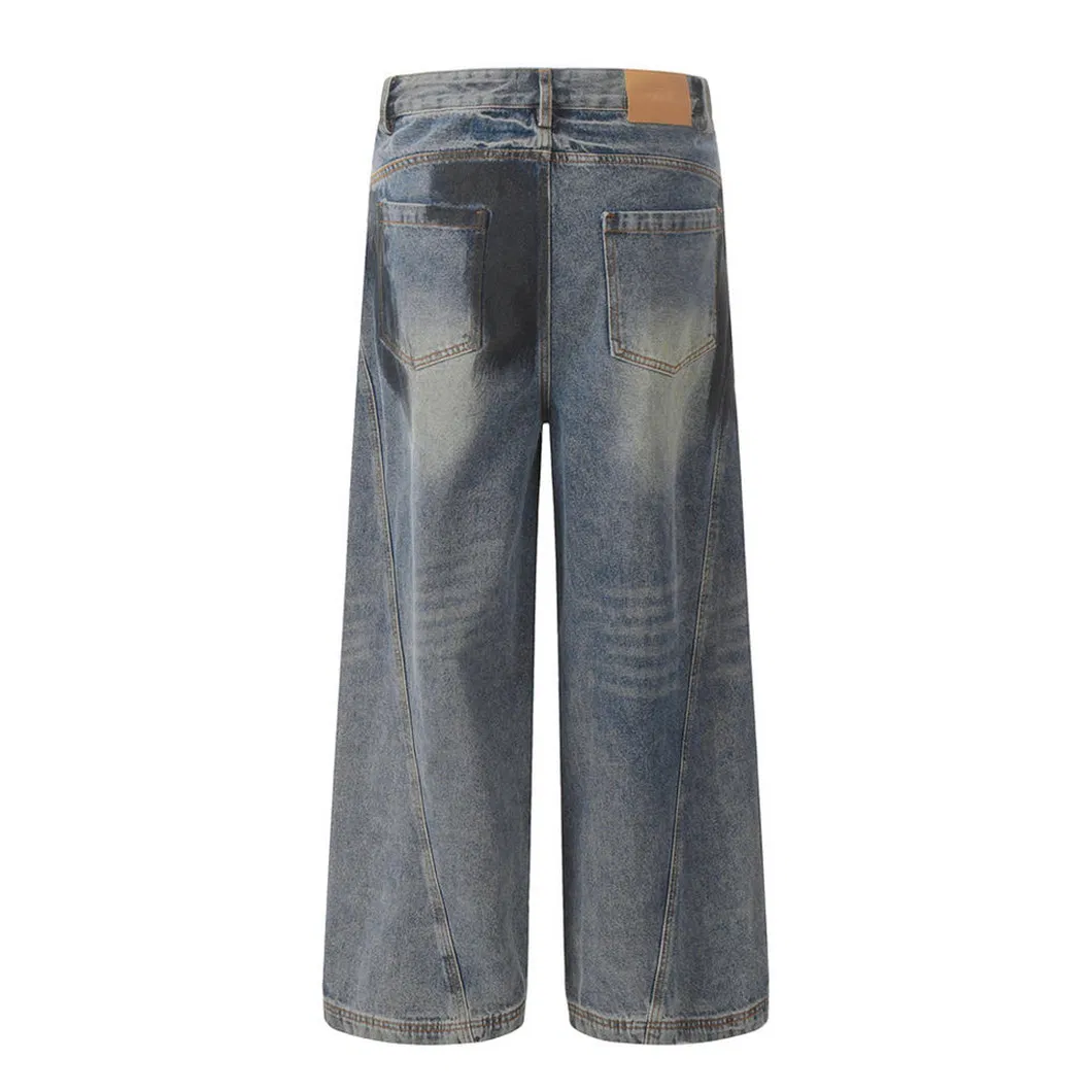 Calças de Jeans Largas de Cintura Alta com Acabamento Vintage Esfregado, Estilo Streetwear Moderno, Calças Masculinas Largas
