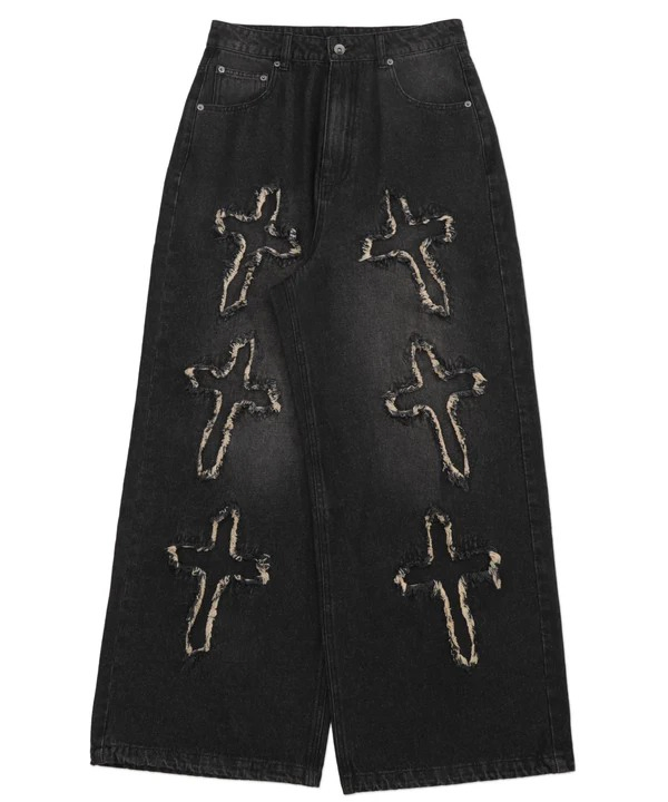 Calças Jeans Baggy de Algodão Premium com Design de Bordado em Ponto Cruz Comprimento da Calça