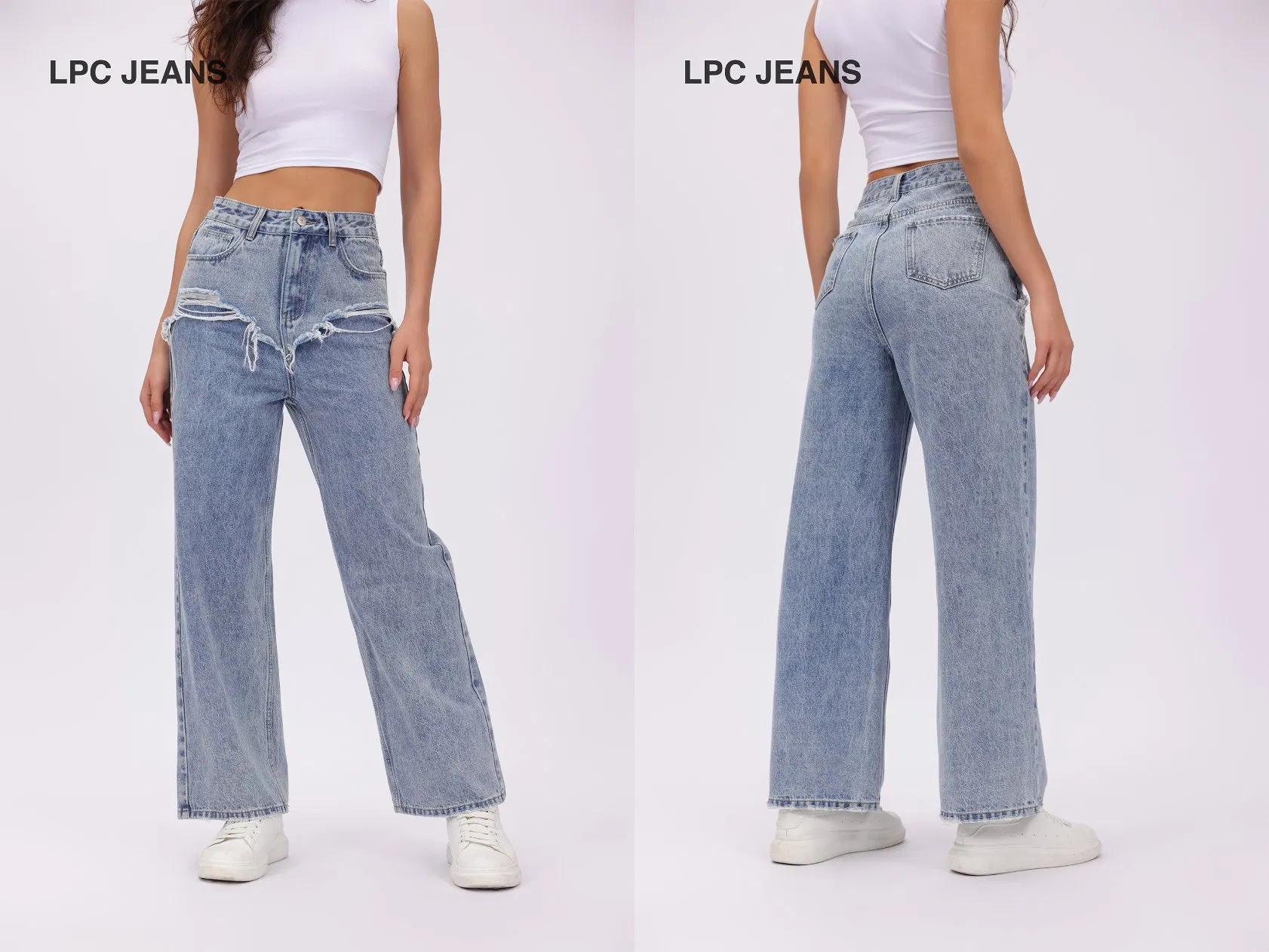 Calça Jeans Retas de Denim Azul Claro com Tendência de Mistura