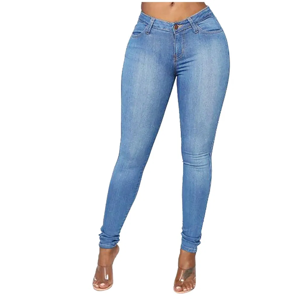 Calças femininas de cintura alta skinny de denim personalizadas de alta qualidade