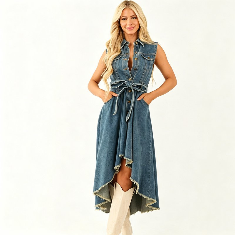 Vestido MIDI de mulher sem mangas estilo ocidental, com lapela, botão frontal, cinto de amarração na cintura, barra irregular assimétrica com franjas e bolsos, vestido casual de jeans estilo cowgirl