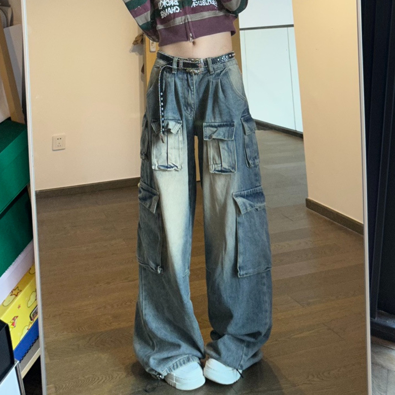 Calças femininas largas de cintura baixa para carga oversized, personalizadas, com múltiplos bolsos, jeans baggy de streetwear