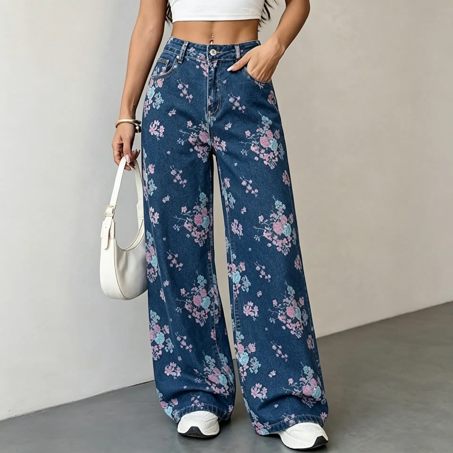 Calças de Jeans de Cintura Alta com Estampa Floral, Largura Larga, Soltas e Elegantes