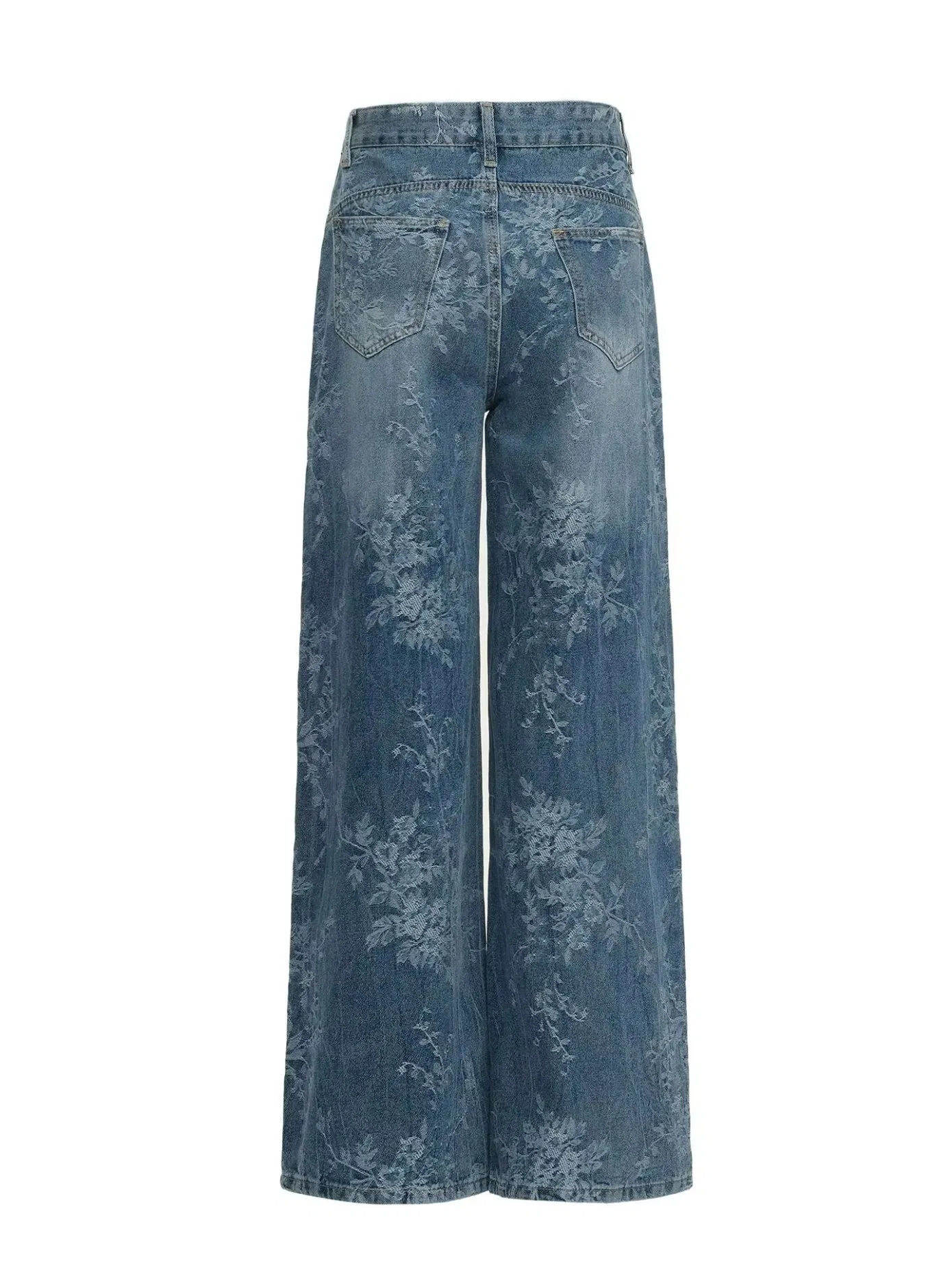 Calças de Jeans Jacquard Azul Retro Femininas de Cintura Alta com Padrão Floral, Respirável, Largas e Soltas, Design de Pernas Largas para o Outono