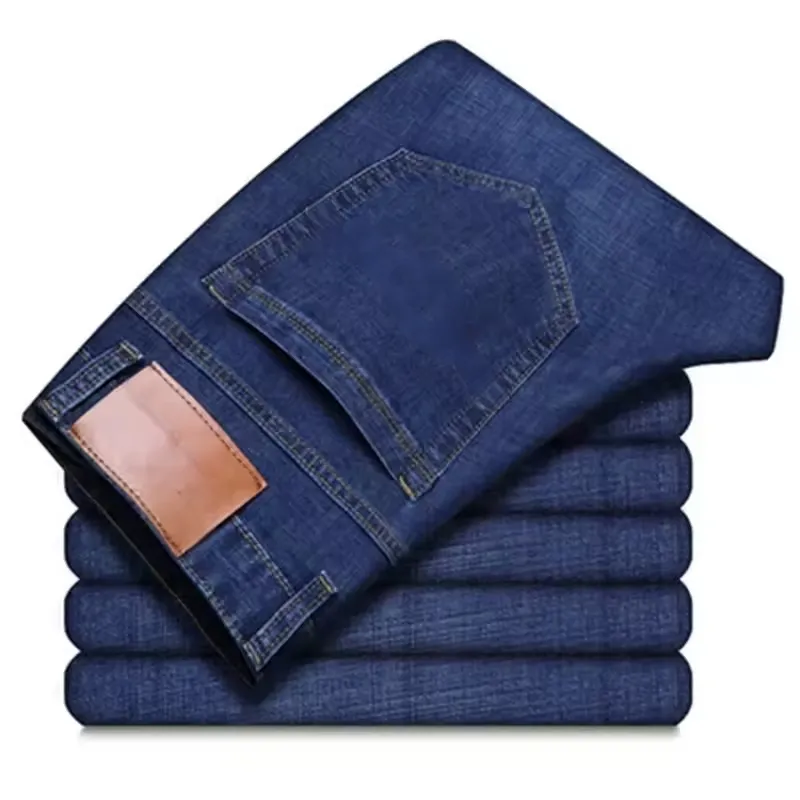 Calças Jeans Masculinas Slimming de Tecido Denim Stretch com Corte Reto e Estilo Casual de Negócios Desgastadas