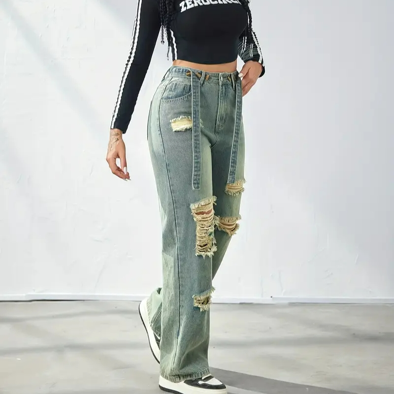 Calças Jeans Vintage Baggy Azuis de Perna Reta Rasgadas com Efeito Desgastado Ajustadas para Menina