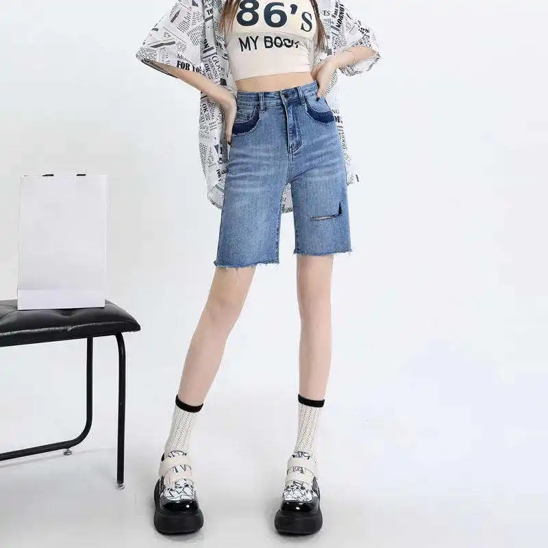 Shorts de Jeans de Cintura Alta para Mulheres, Casual, Ajuste Slim, Jeans Rasgado