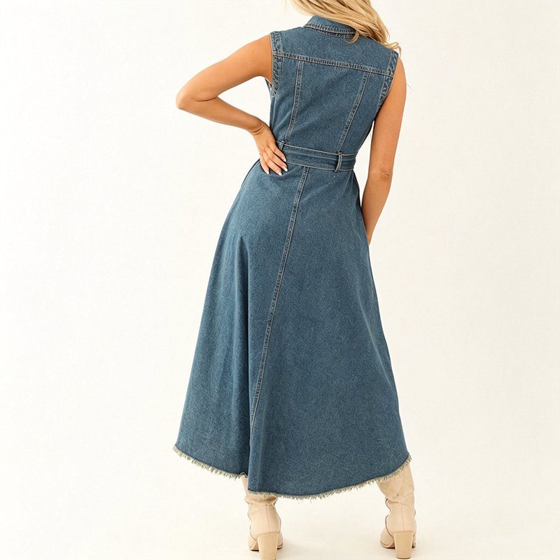 Vestido MIDI de mulher sem mangas estilo ocidental, com lapela, botão frontal, cinto de amarração na cintura, barra irregular assimétrica com franjas e bolsos, vestido casual de jeans estilo cowgirl
