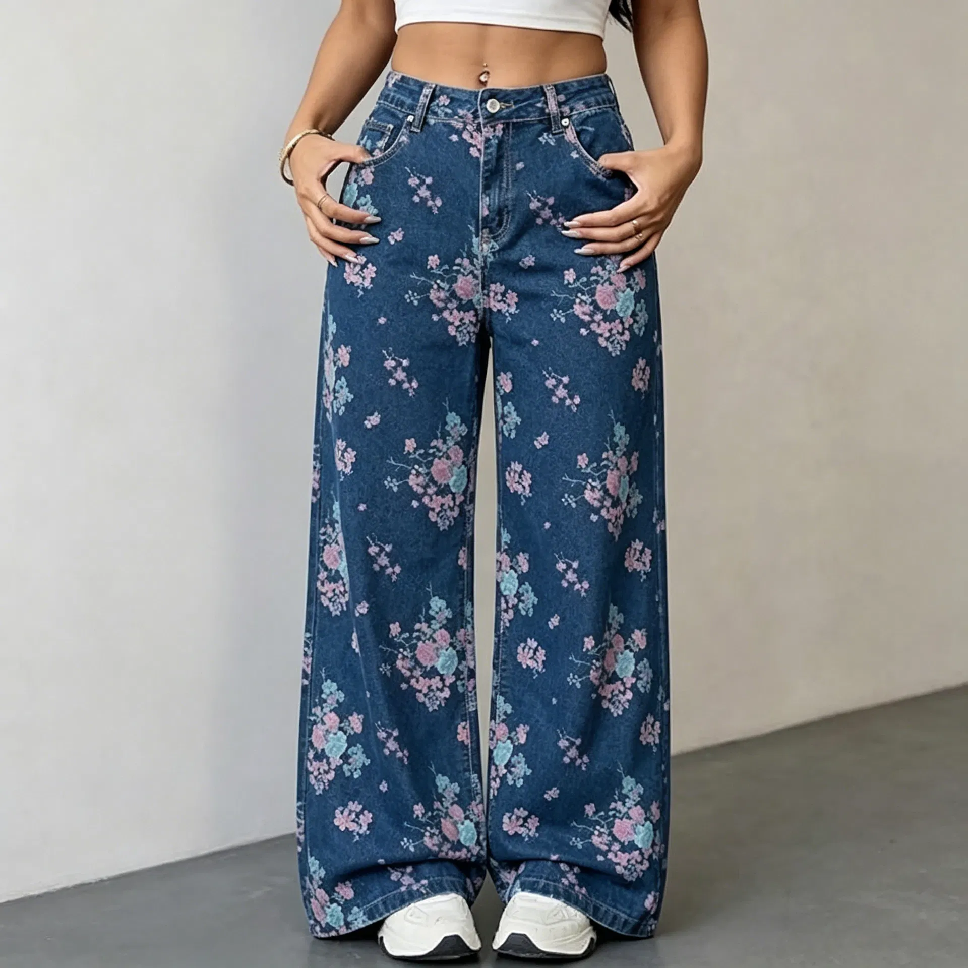 Calças de Jeans de Cintura Alta com Estampa Floral, Largura Larga, Soltas e Elegantes