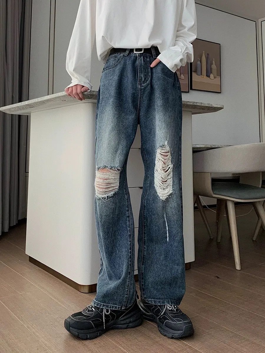 Jeans Masculinos Estilosos e Quentes, Cintura Média, Lavagem Solta, Design com Rasgos no Joelho para Uso Casual de Rua