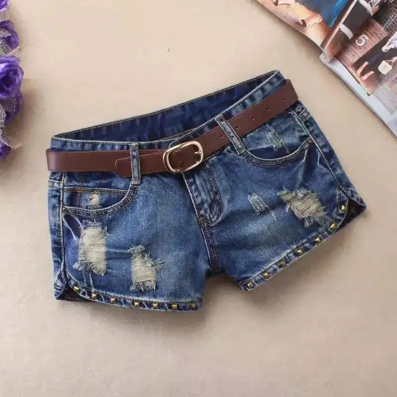 Shorts Casuais de Denim Femininos de Cintura Alta Retro Artificial com Ajuste Slim