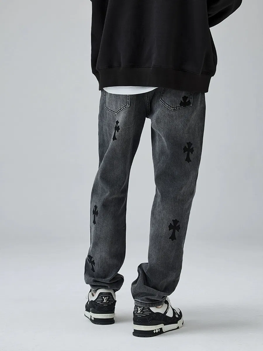 Jeans de Denim com Bordado, Lavagem, Corte Reto e Relaxado para Homens