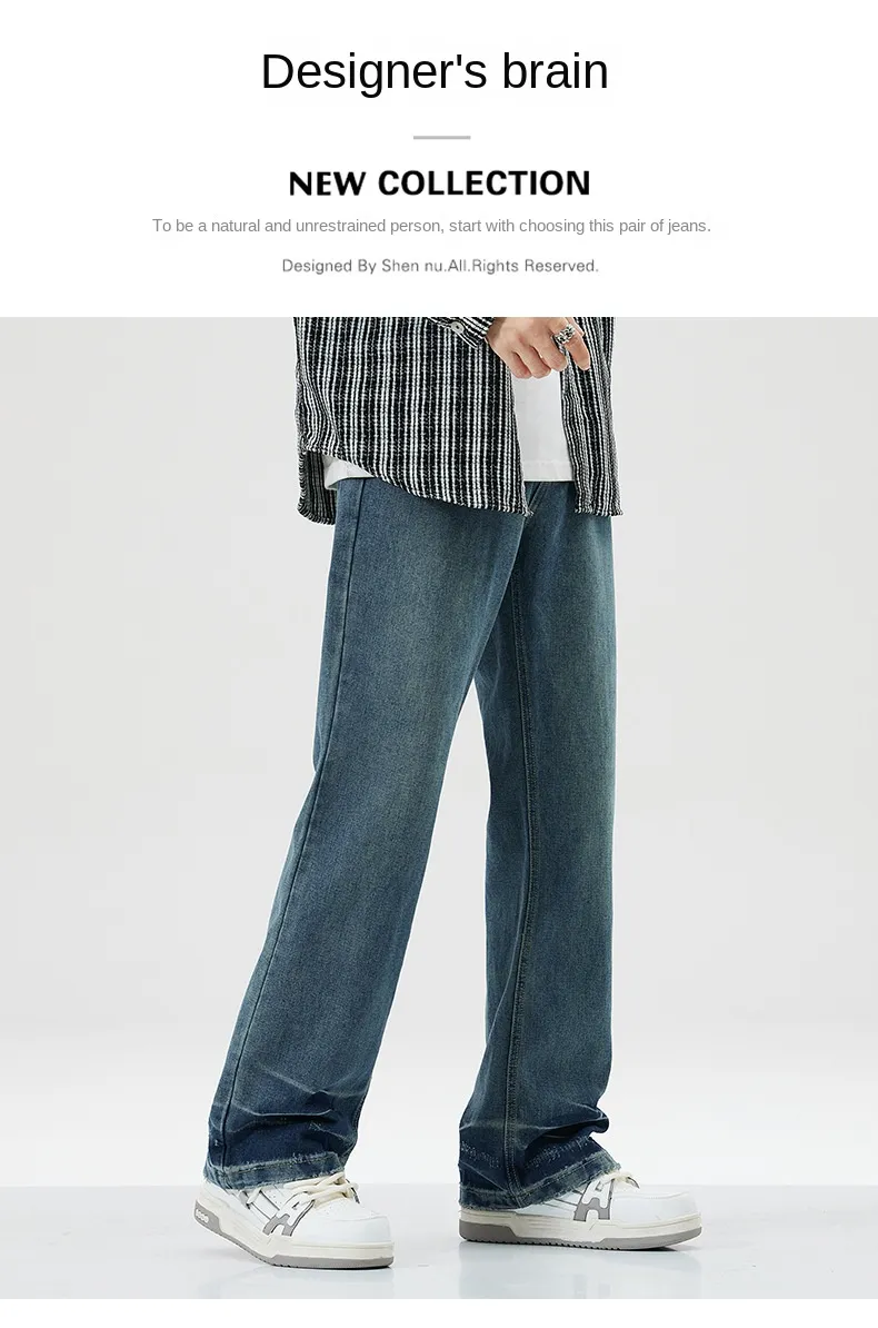 Calças largas de cintura alta estilo americano, jeans retro levemente flare para homens, calças de denim em branco para casais