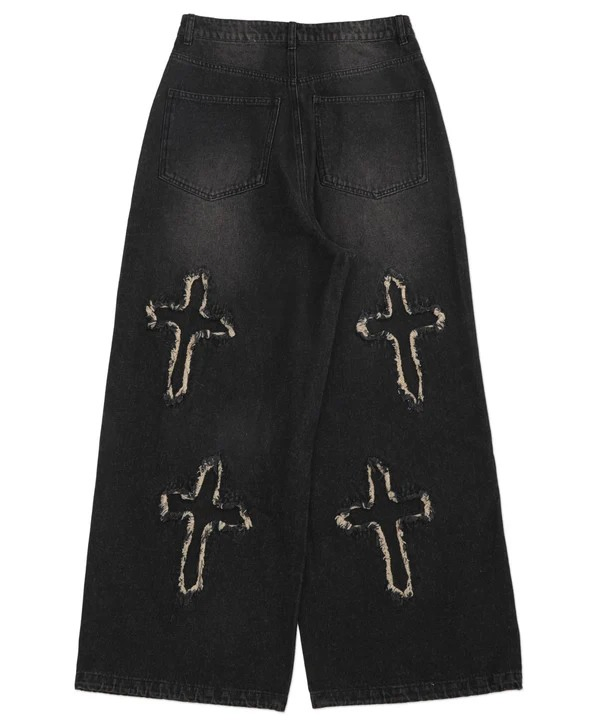 Calças Jeans Baggy de Algodão Premium com Design de Bordado em Ponto Cruz Comprimento da Calça