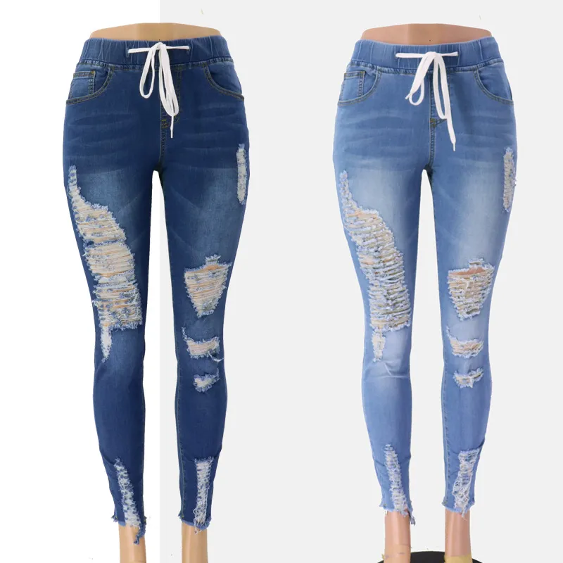 Calças de Moda Azuis Rasgadas Com Buracos Stretch para Mulheres Jeans Femininos; S Jeans