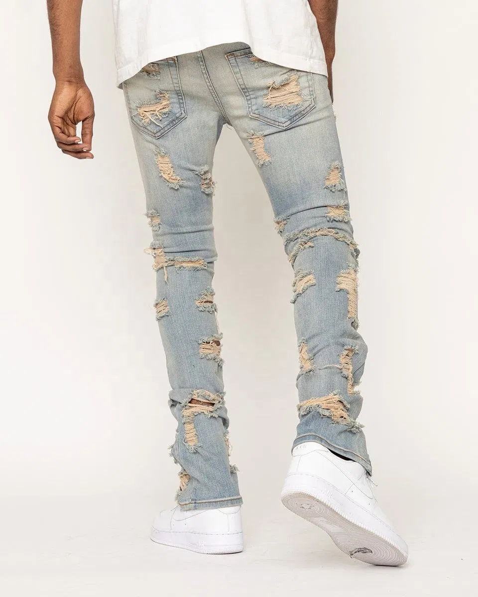 Calças jeans empilhadas rasgadas vintage para homens