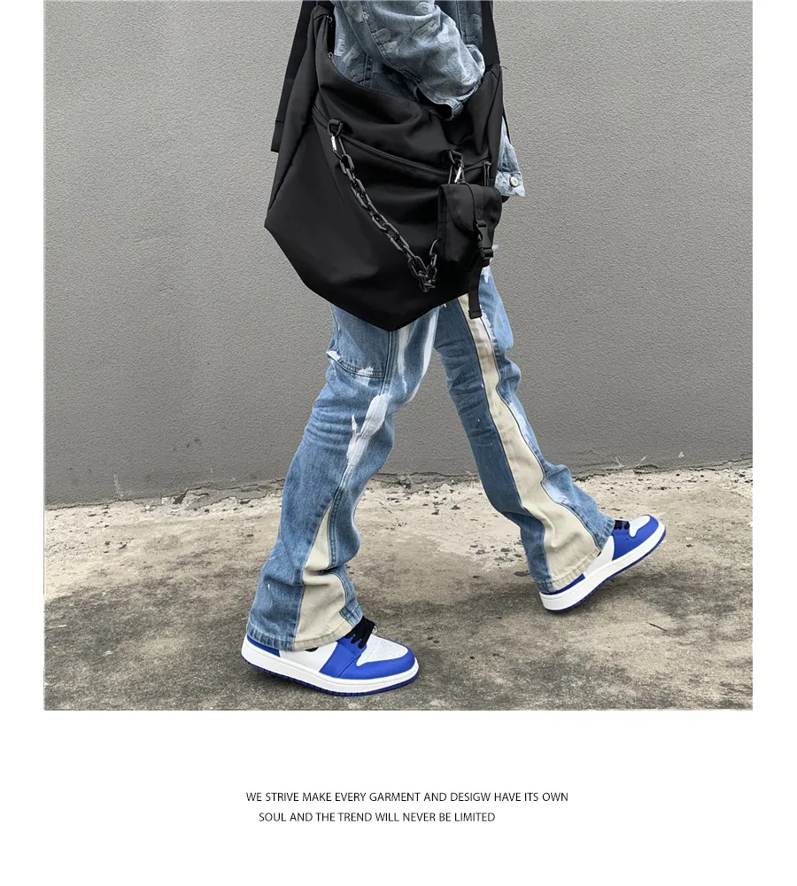Calça Jeans Masculina Micro Flare com Pintura Desgastada à Mão e Costura, Estilo Personalidade, Corte Reto e Solto em Denim