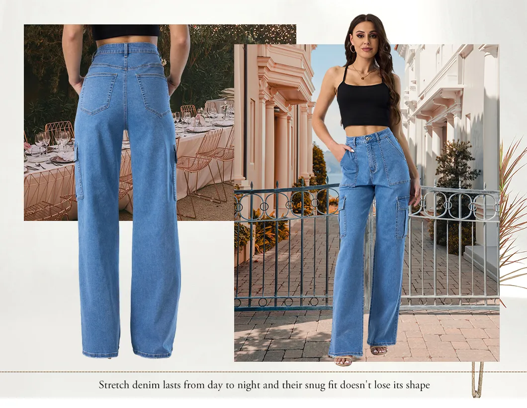 Calças de brim femininas boyfriend de cintura alta com bolsos cargo