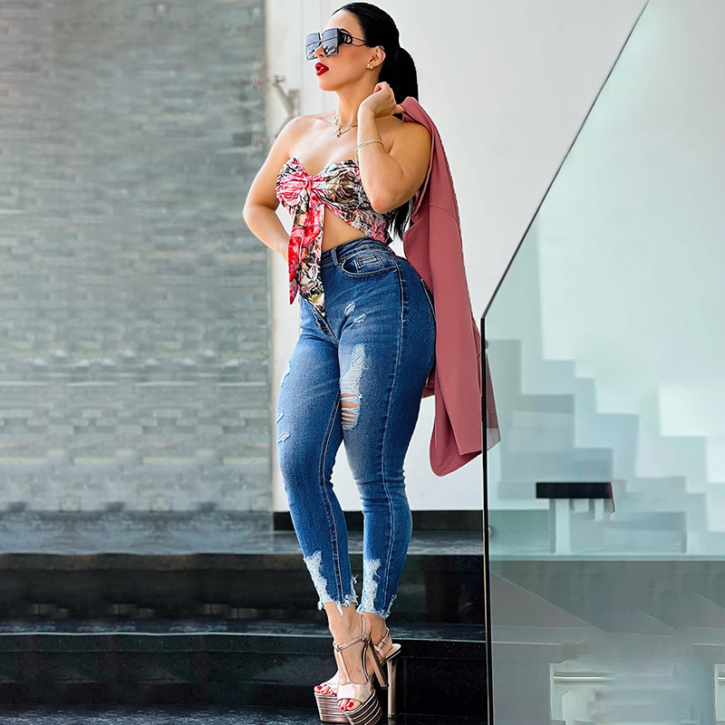 Novas Calças Jeans de Lápis para Mulheres com Cintura Média e Alta Elasticidade da Amazon Fashion, Jeans Rasgados