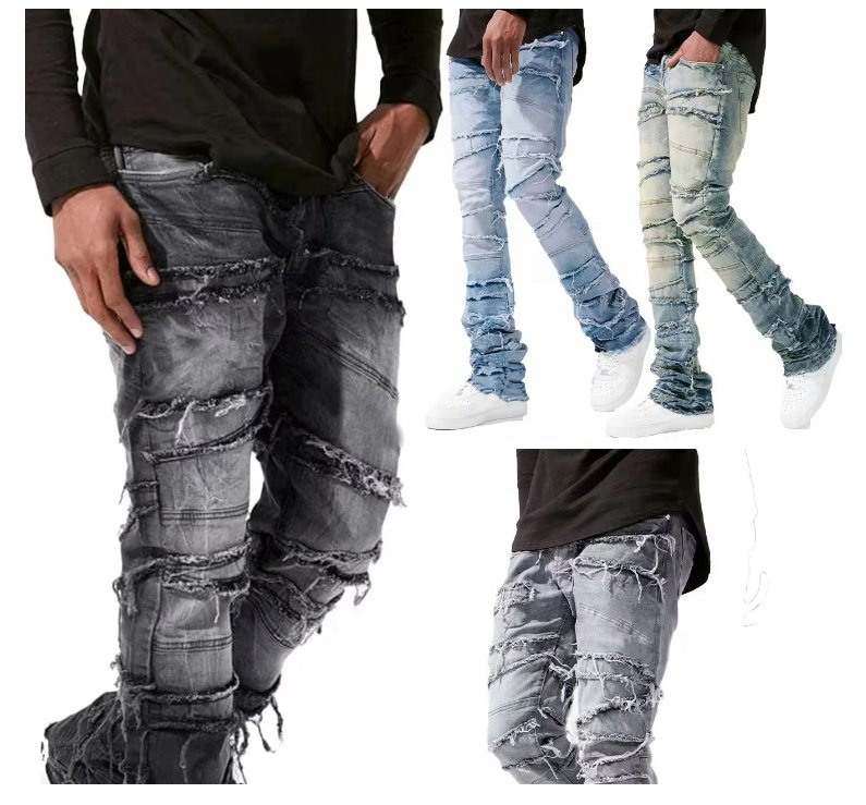 Calças de rua de algodão puro para homens, jeans rasgados de perna reta, lavados