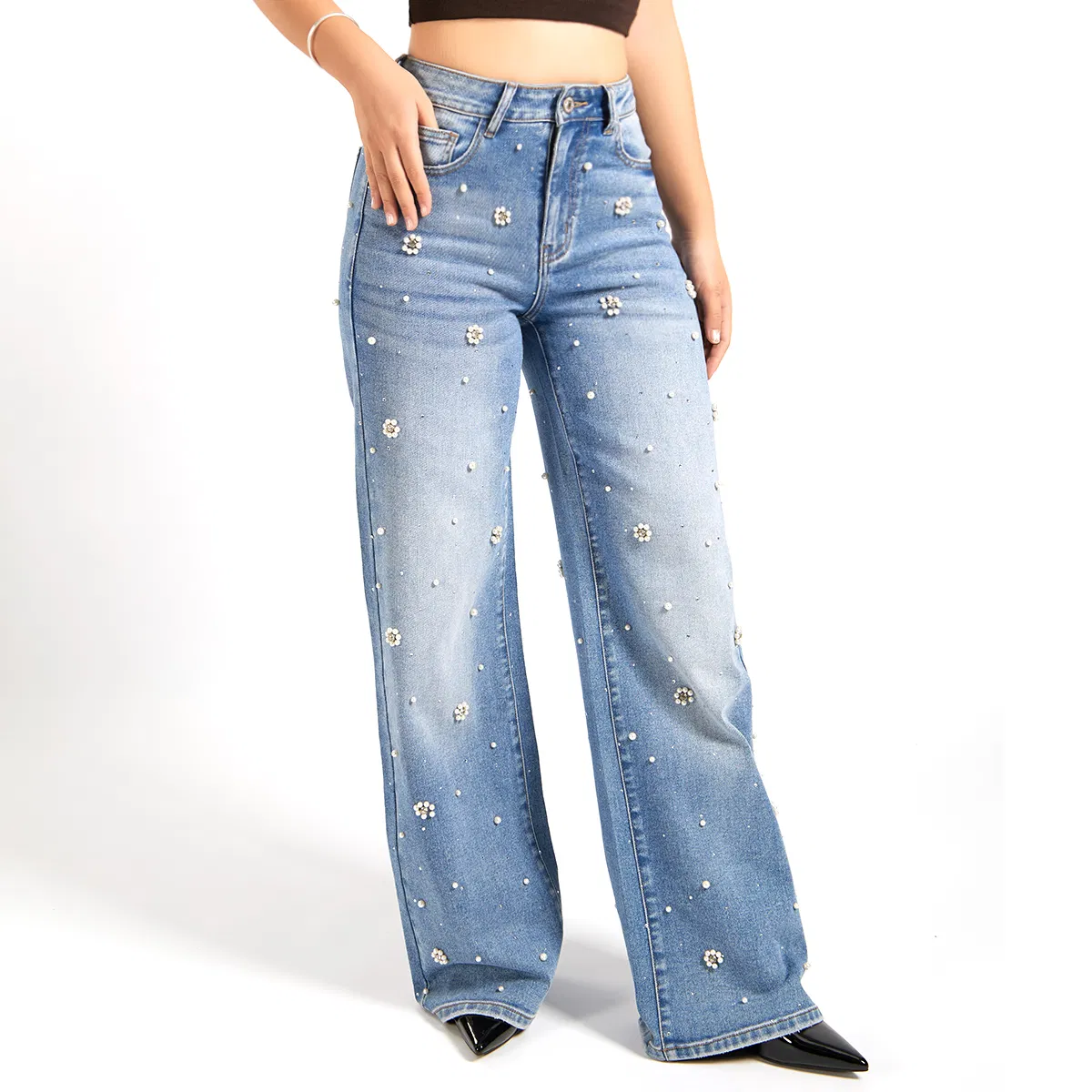 Fabricante de Guangzhou Calças Jeans Femininas Azuis de Cintura Alta e Perna Larga Personalizadas