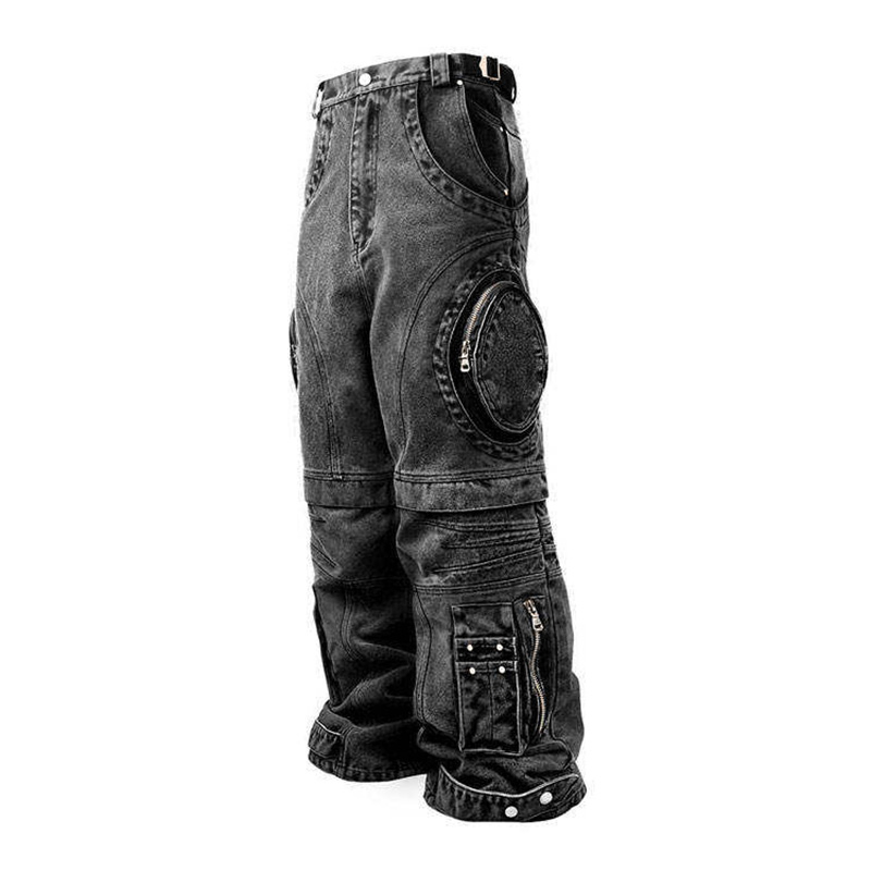 Fabricante OEM de Alta Qualidade Calças Cargo de Denim Punk Rock Hip-Hop Streetwear para Homens com Múltiplos Bolsos Grandes