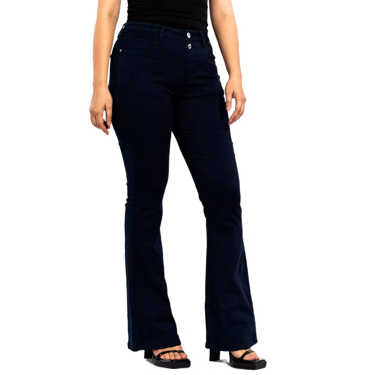 Calças casuais skinny flare azul escuro de dois botões para mulheres